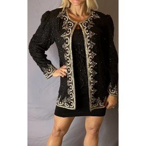 Alex Evenings Cocktail Jacket with Silver and Black Beads, Size M